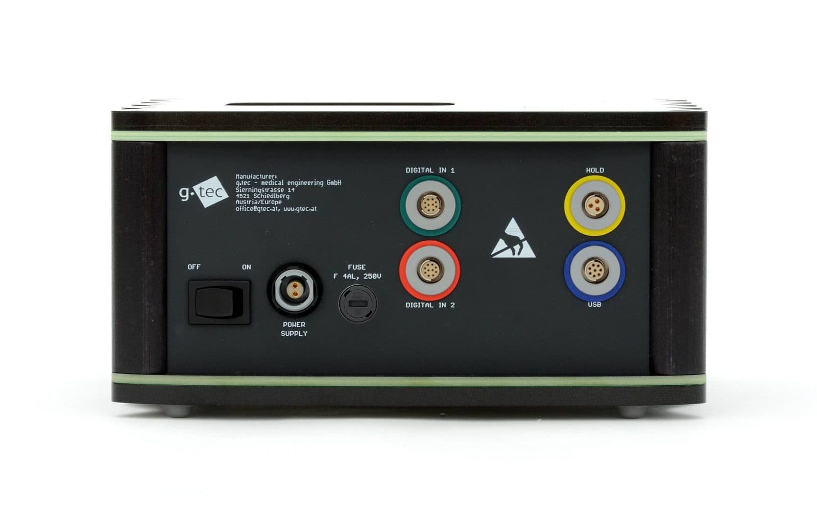 The back panel of g.HIamp: power, fuse, two digital inputs, HOLD and USB