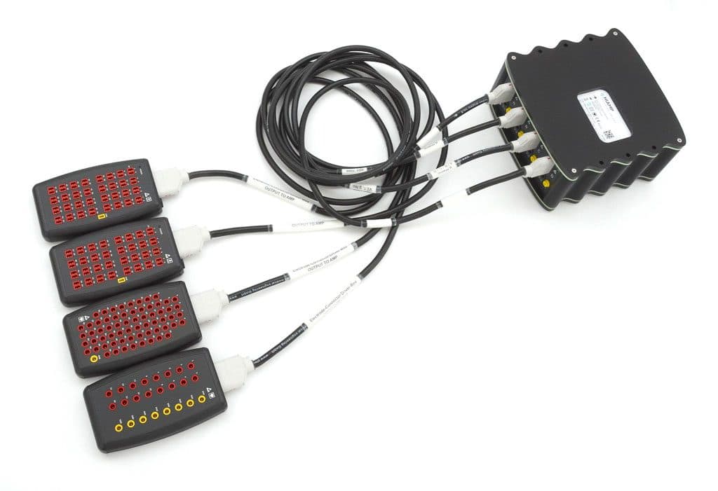 Four electrode connector boxes cabled to g.HIamp, from above