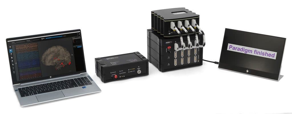 A laptop, g.Estim PRO, g.HIamp on the Switching Unit and a patient display