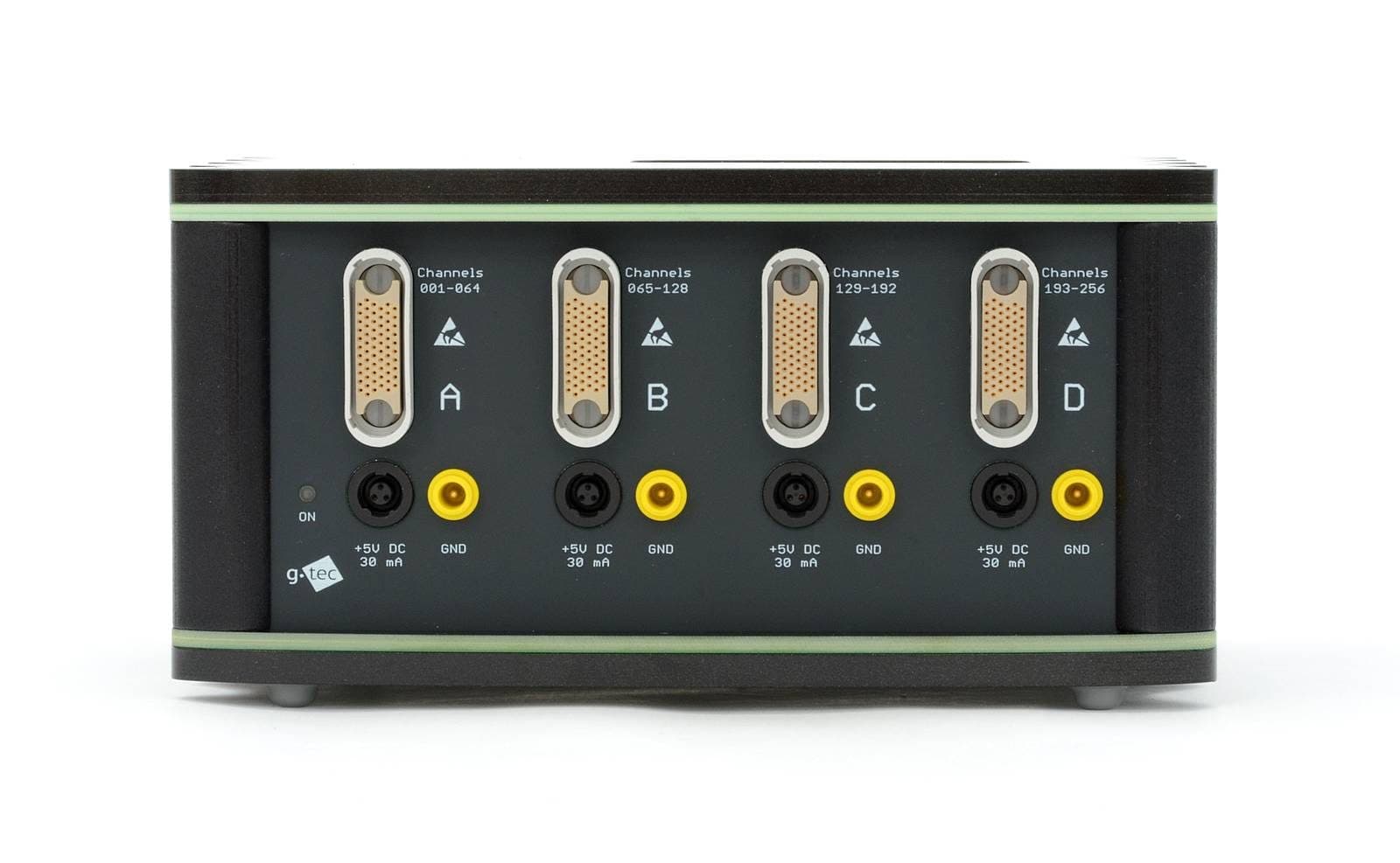 The front panel of g.HIamp: four 64-channel inputs, A to D