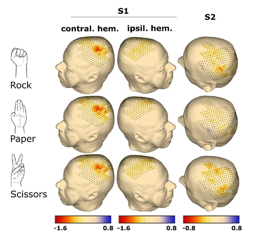 Cortical activation maps of two participants for the rock, paper and scissors gestures