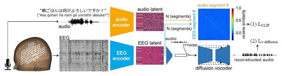 A diagram of speech reconstruction with audio and EEG encoders, a similarity matrix and a diffusion vocoder