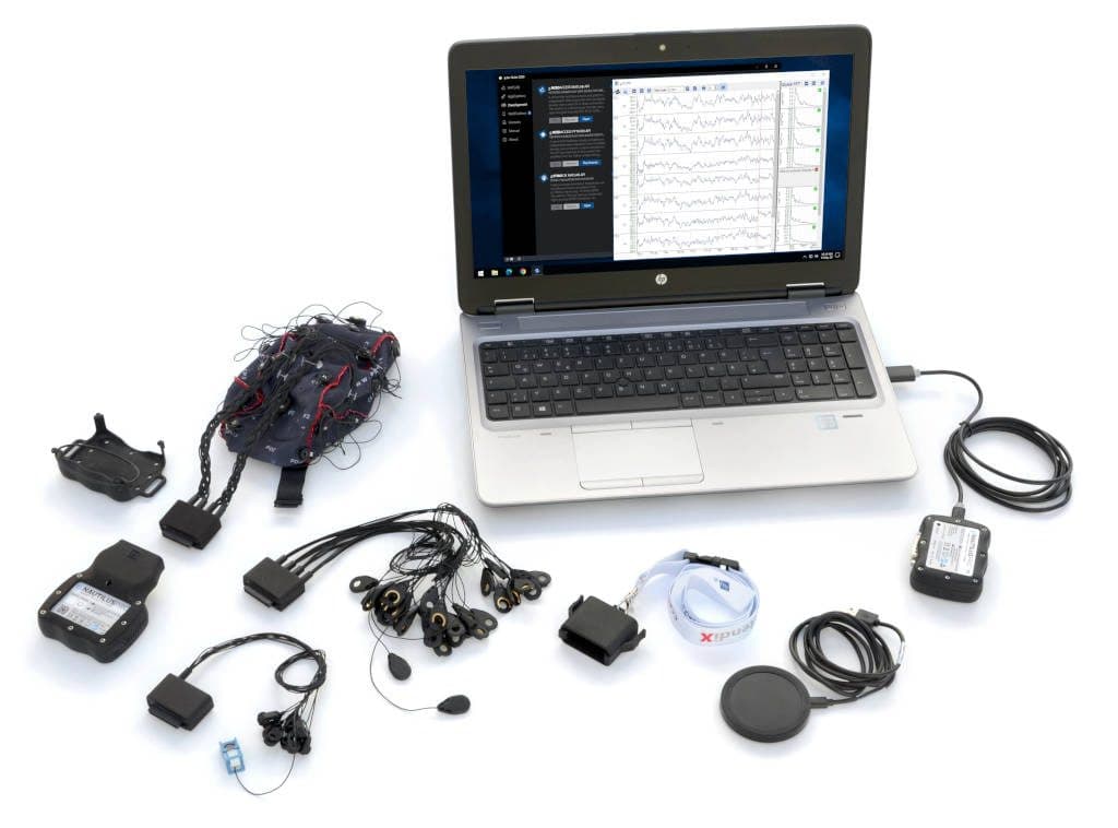 The g.Nautilus Pro Flexible set: cap, electrode strands, sensors, charging pad and laptop