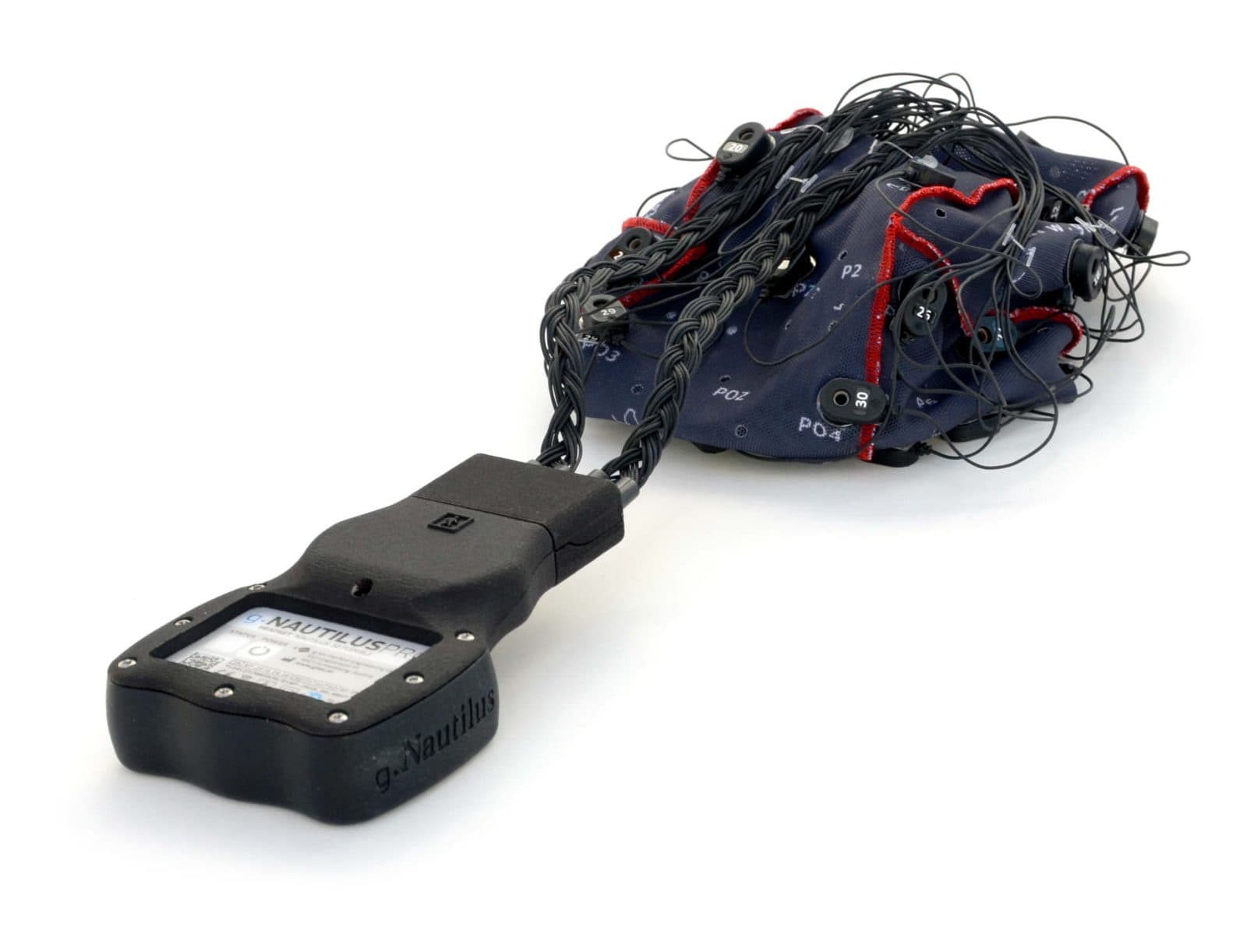 The g.Nautilus Pro Flexible amplifier with an electrode strand plugged into the cap
