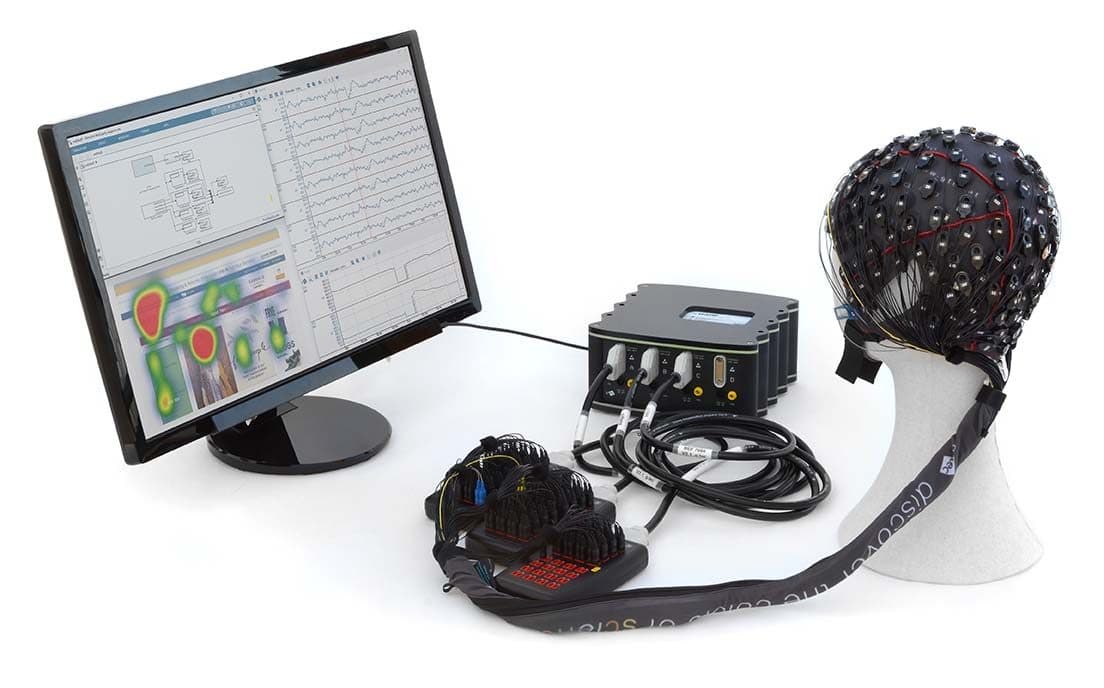 An EEG cap, an amplifier and a screen showing an eye-tracking heat map