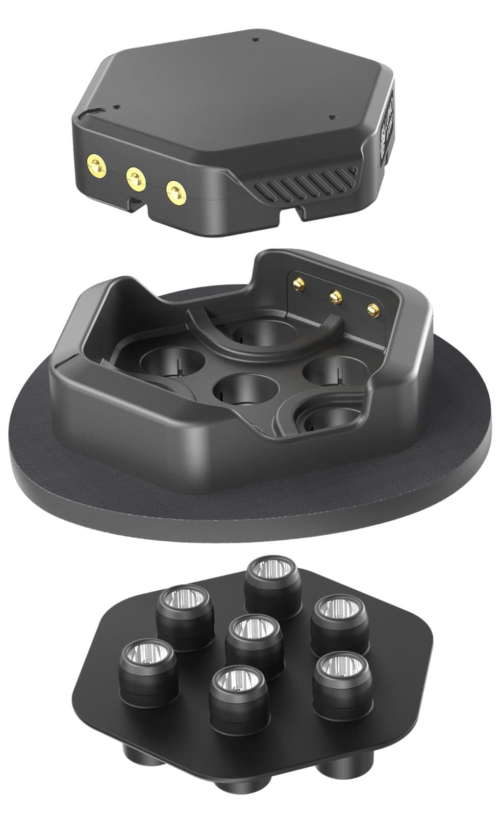 A LUMO tile, its dock and light guide, taken apart