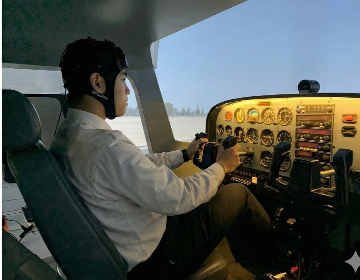 A pilot wearing LUMO in a Cessna 172 flight simulator