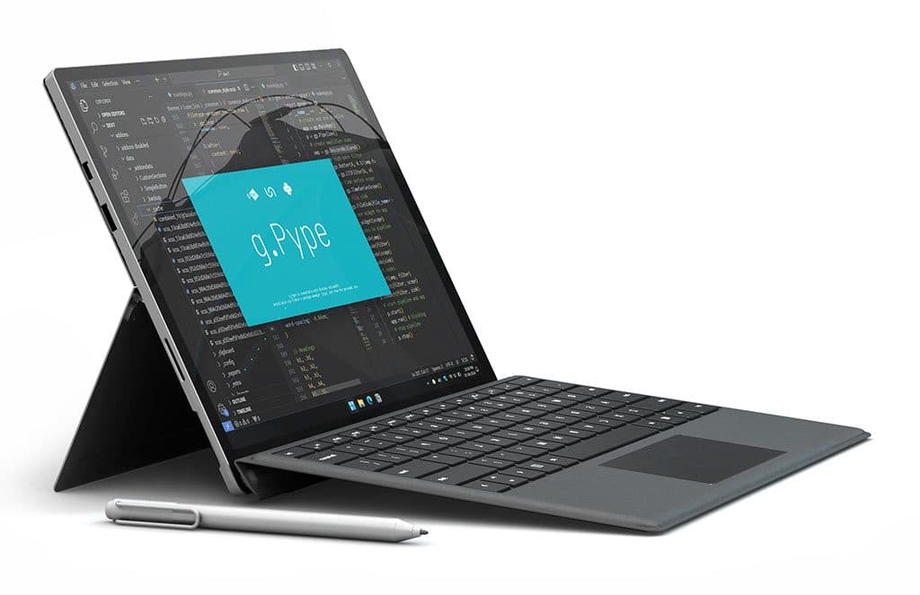 A tablet computer with g.Pype and Python code on screen